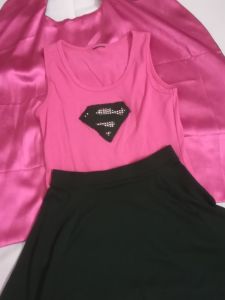 Kids Costumes to Hire - SuperGirl Pink Top, Black Skirt & Pink Cape 